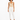 A model wearing a fitted beige bodysuit paired with tailored white pants and black strappy heels.