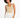 A model with curly hair poses in a beige bodysuit and white high-waisted pants against a plain background.