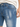 Close-up of denim shorts featuring a distressed design, light blue wash, and classic five-pocket styling.