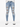 Light blue distressed jeans with multiple rips, paired with white sneakers and a casual shirt.