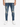 Fitted blue jeans with distressed detailing, paired with white sneakers and a light-colored shirt.