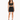 A model showcases a black cropped top with lace-up details and a matching skirt featuring side ties.