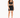 A model poses in a black crop top with lace-up details and a matching skirt featuring side ties.
