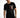 A model wearing a black short-sleeve shirt featuring bold text and a graphic design on the front.