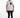 A model stands wearing a white graphic t-shirt with text and a photo, paired with black slim-fit jeans and sneakers.
