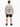 A person wearing a light gray t-shirt with colorful graphic text on the back, paired with black shorts and sneakers.