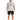 A man stands wearing a light gray t-shirt with a colorful graphic design, paired with black shorts and sneakers.