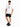 A man stands wearing a white graphic t-shirt paired with black denim shorts and black sneakers.