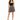 A woman stands confidently in a fitted black top and a flared skirt with a bold monochrome pattern.