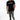 A model wearing a black t-shirt with a graphic design, paired with distressed gray jeans and stylish sneakers.