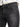 Close-up of dark denim jeans featuring a distressed design and a button closure, styled with a patterned shirt.