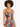 A model showcases a colorful two-piece set featuring a cropped top and matching leggings with vibrant patterns.