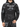 A black sweatshirt featuring a lightning pattern and a front pocket, worn by a model with a hood.