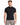 A model wearing a fitted black short-sleeve t-shirt paired with light gray cargo shorts.
