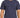 A close-up of a man wearing a navy blue short-sleeve top with a round neckline and subtle logo detail.
