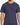 A close-up of a man wearing a navy blue short-sleeve top with a round neckline and subtle logo detail.
