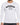 A man is wearing a long-sleeve white shirt featuring bold black text and a small logo on the hem.