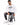 A man sits on a black stool wearing a long-sleeve white shirt with graphic text, paired with distressed jeans and sne...
