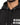 Close-up of a black hoodie featuring a drawstring hood and bold white text on the front.