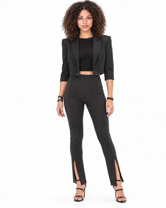Ride Blazer in Black – full-length front view of the cropped blazer with notch lapels and elbow-length sleeves