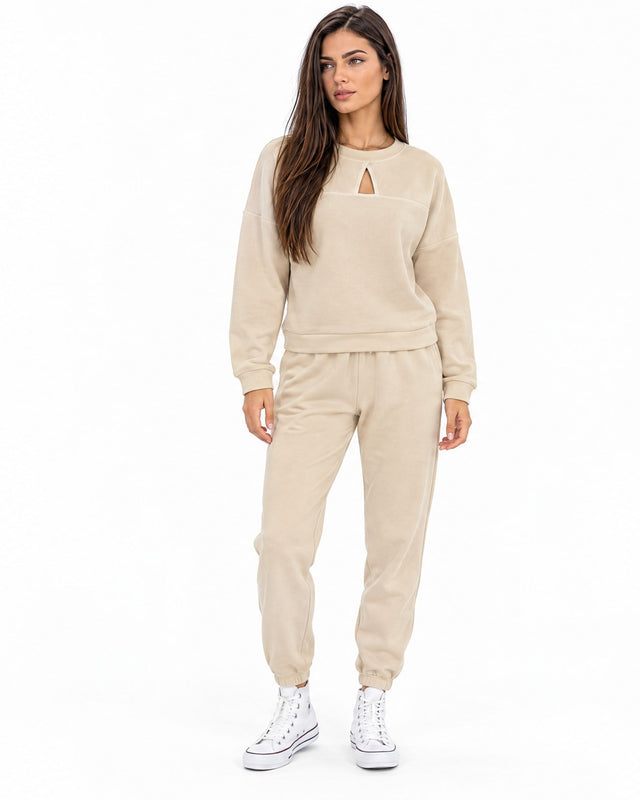 Collar Top Set in Beige – full-length front view with keyhole neckline sweatshirt and cuffed joggers