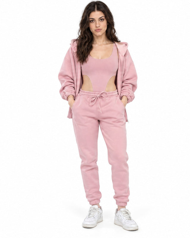 Remi Bodysuit Set in Pink – full-length front view with cutout bodysuit, open zip hoodie and joggers