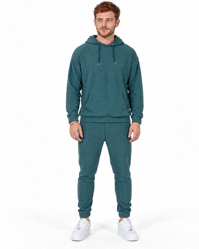 Gordon Hoodie Set in Teal – full-length front view of ribbed hoodie and cuffed joggers on model