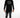 Model in black distressed joggers with blind frame graphic patches, styled with a matching hoodie and black sneakers.