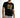 Model in carbon black Social Graphic Streetwear Tee with rainbow text and distressed grey denim shorts.