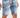 Men's blue washed Loagan denim shorts with distressed detail, orange drawstring, and Carbon Jeans waistband.