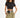 Model in soft khaki belted crepe pants and black crop top with a black croc-textured belt and mini pouch.