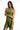 Model in a green Karina one-shoulder crop tank and matching biker shorts, featuring asymmetrical sleeveless streetwear.