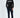 Model wearing the Interested long sleeve black shirt with urban gradient graphic, paired with navy trousers.