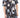 Ryland two-piece matching set in black with blue and beige abstract floral print on a short-sleeve shirt and shorts.