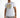 Man wearing a white Social Graphic Streetwear Tee with colorful gradient text and distressed grey denim shorts.
