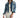 Jolie oversized blue washed denim jacket with distressing and frayed hem on a model in a white dress.