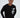 Model wearing a black Never Give Up long-sleeve streetwear t-shirt with a grey geometric graphic design.