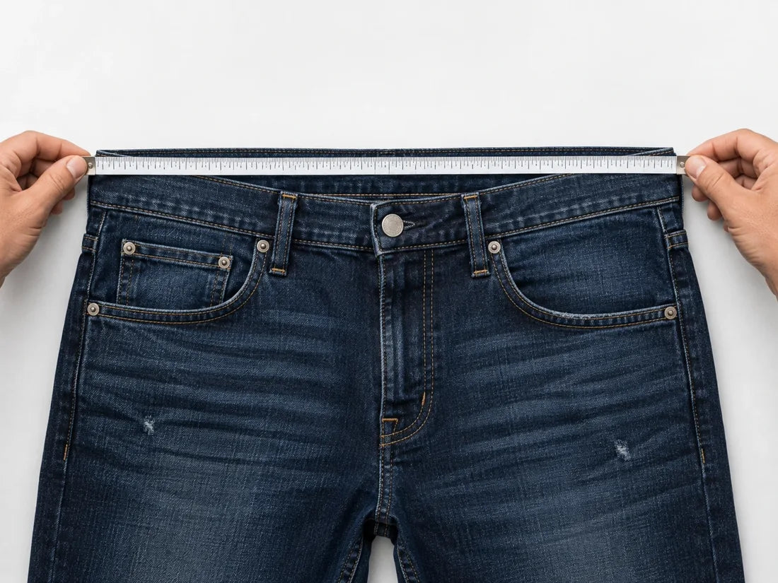 Jeans laid flat with a measuring tape straight across the top waistband