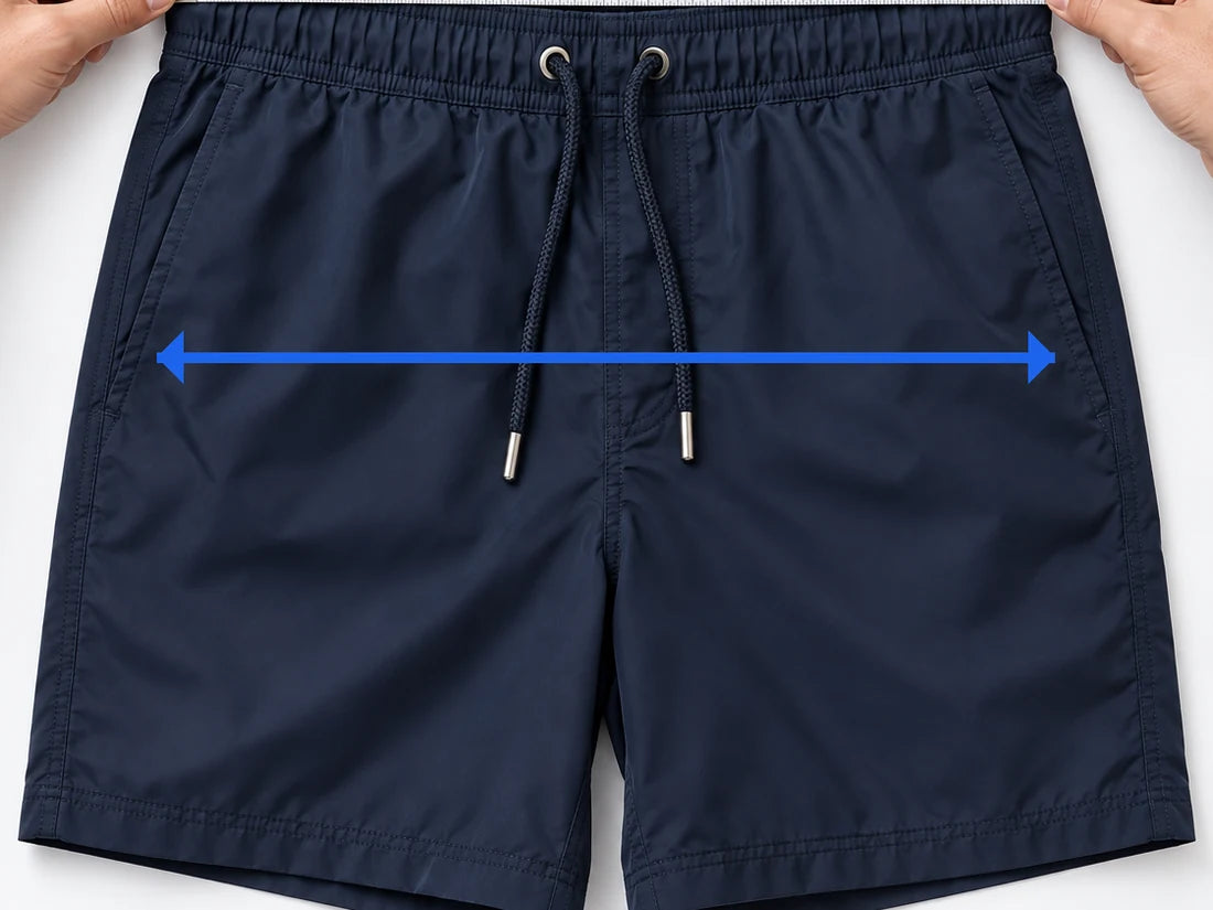 Navy swim shorts laid flat, an arrow spanning the widest part of the shorts below the waistband