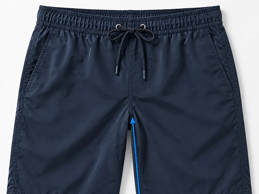 Navy swim shorts laid flat, an arrow running from the crotch seam down the inner leg to the hem