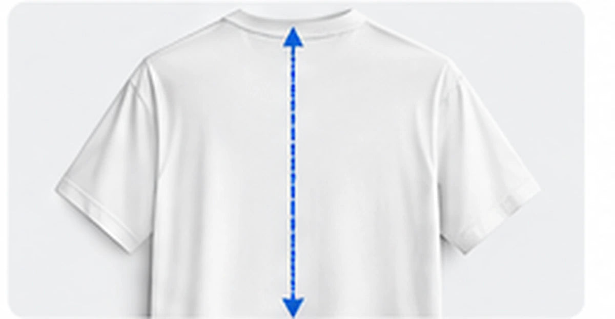 A T-shirt laid flat with a vertical arrow from the high point of the shoulder down to the bottom hem