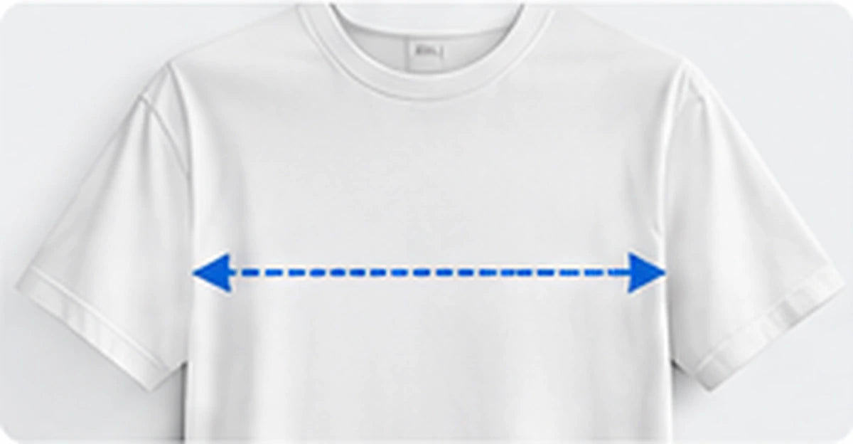 A T-shirt laid flat with an arrow running straight across the chest from one armhole to the other