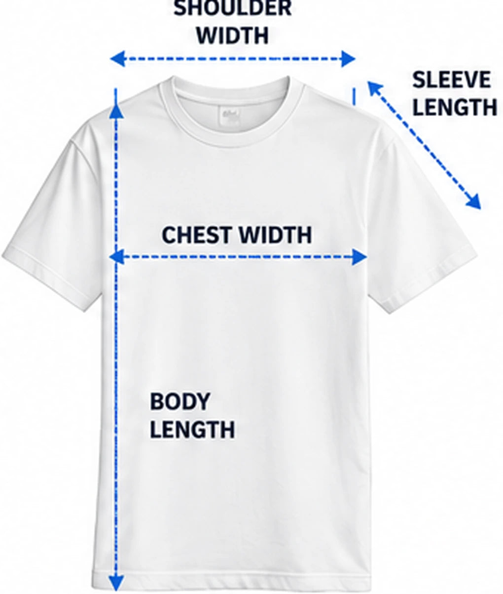 A T-shirt laid flat, labelled with all four measurements: shoulder width, chest width, sleeve length and body length