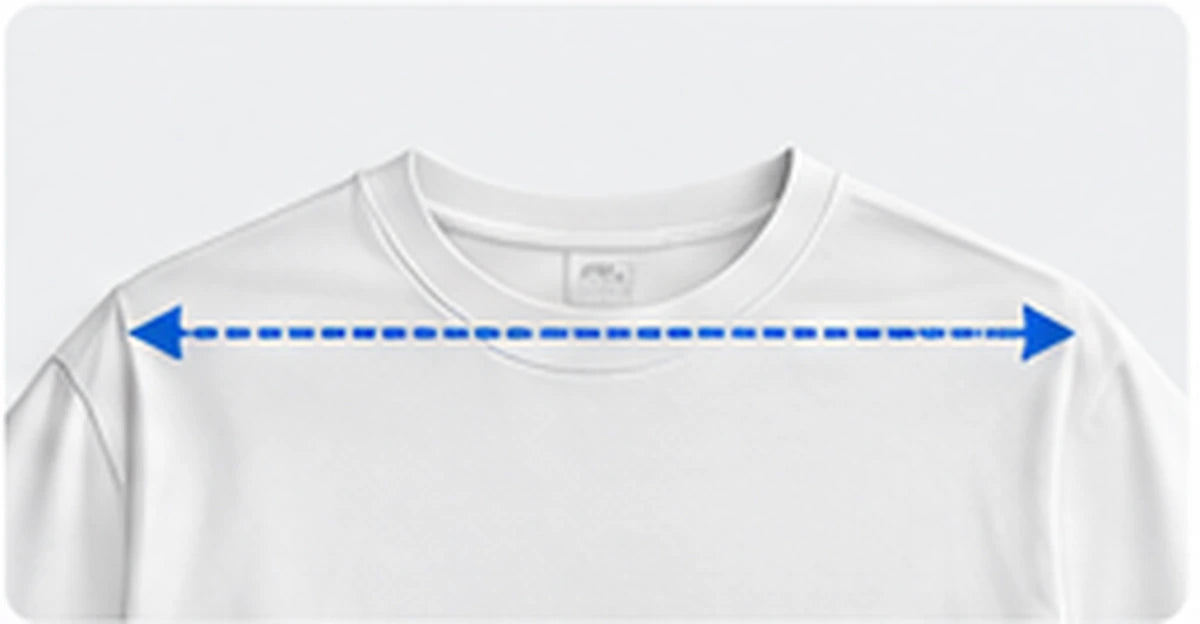 The top of a T-shirt laid flat with an arrow running from one shoulder seam to the other